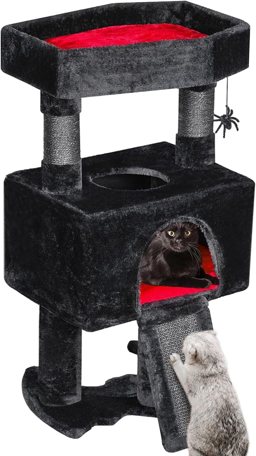 Tree Tower for Indoor Gothic  Trees with Coffin Bed,  Condo  House with  Posts,  Shelves with Spider , Pet Play Activity Center Black with Red, MMJ95R