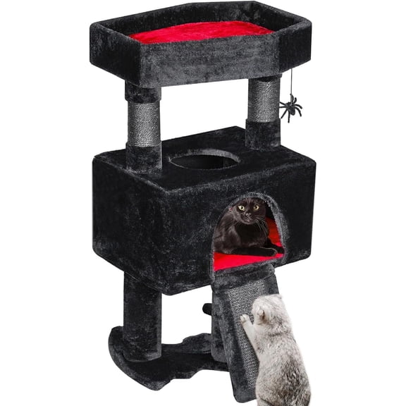 Tree Tower for Indoor Gothic Trees with Coffin Bed, Condo House with Posts, Shelves with Spider , Pet Play Activity Center Black with Red, MMJ95R