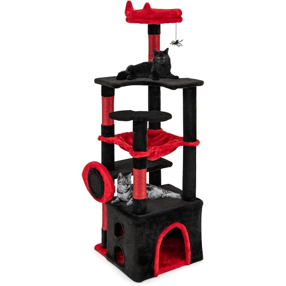 Gothic Cat Tree, Halloween Cat Tower with Sisal Scratching Posts & Board, Spooky Bat-Shaped Platforms, Spider Toy, Devil Ear-Shaped Perch, Goth Cat Tree w/Large Hammock & Condo, Black & Red