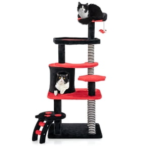Gothic Cat Tree for Indoor Cats, 52 - Inch 6 - Tier Tower with Sisal Scching Post, Coffin Bed, Cat Condo, Ladder, and Bat - Shaped Ball for Endless Feline Fun, Black