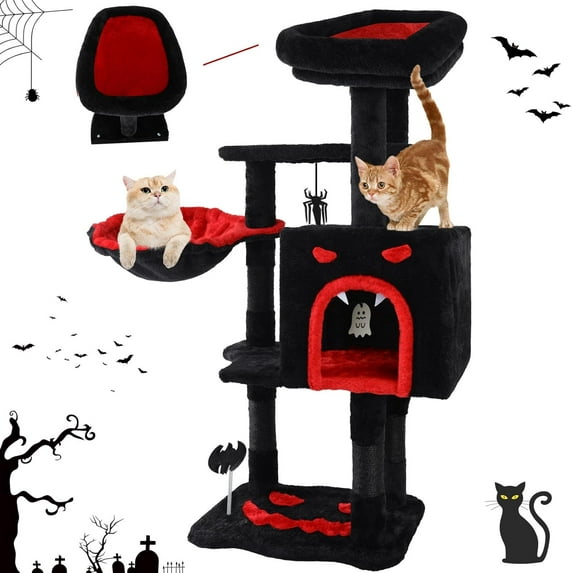 Gothic Cat Tree for Indoor Cats Large Adult, 40.5" Goth Cat Trees Tower with Coffin Cat Bed,Scratching Post,Cat Condo,Cat Furniture Towers with Hammock, Tall Black Cat Tree with Halloween Hanging Toys