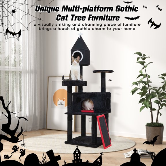 Gothic Cat Tree Tower - 55" Black Halloween Cat Tree with Coffin Bed, Spider Web Perch & 2 Condos - 5-Level Cat Furniture with 6 Sisal Scratching Posts for Large Cats