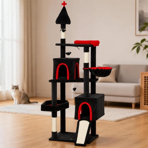 Gothic Cat Tree with Coffin Bed, 2 Condos, Sisal Scratching Posts, Bat Hanging Balls, 77.6" Tower
