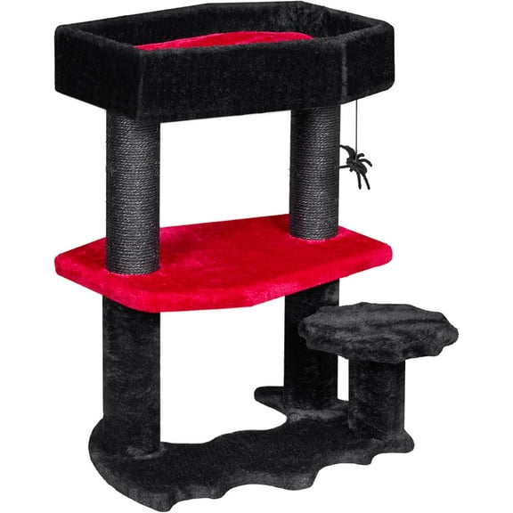 Gothic Cat Tree with Coffin Cat Bed Goth Cat Tower Coffin Cat Tree with Scratching Post, Spider Hanging Ball Halloween Black Red Pet Furniture MMJ94R