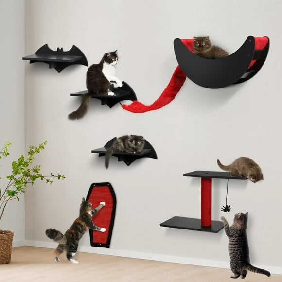 Gothic Cat Wall Shelves 7Pcs Wall-Mounted Cat Climber Set Cat Tree Cat Bed With Bridge Ladder Wall Steps Scratching Board Posts Hanging Spider Toy Cat Condo Cat Wall Furniture For Cats