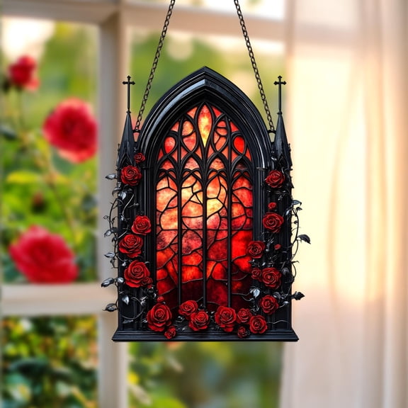 Gothic Cathedral Acrylic Suncatcher Wall Panel – Dramatic Red Rose Window with Black Iron Spires, Medieval Vampire Castle Decor Piece