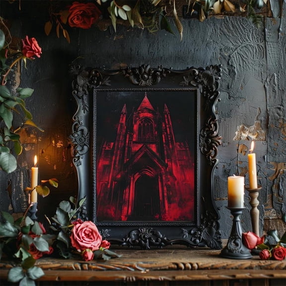 Gothic Cathedral Art Red Black Church Poster, Vampire Decor Unframed Paper Print