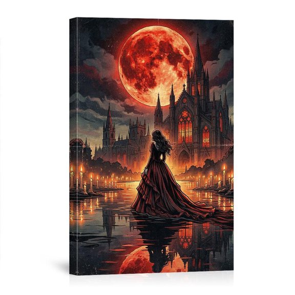 Gothic Cathedral Blood Moon Dark Fantasy Scenery For Home Bedroom Living Room Canvas
