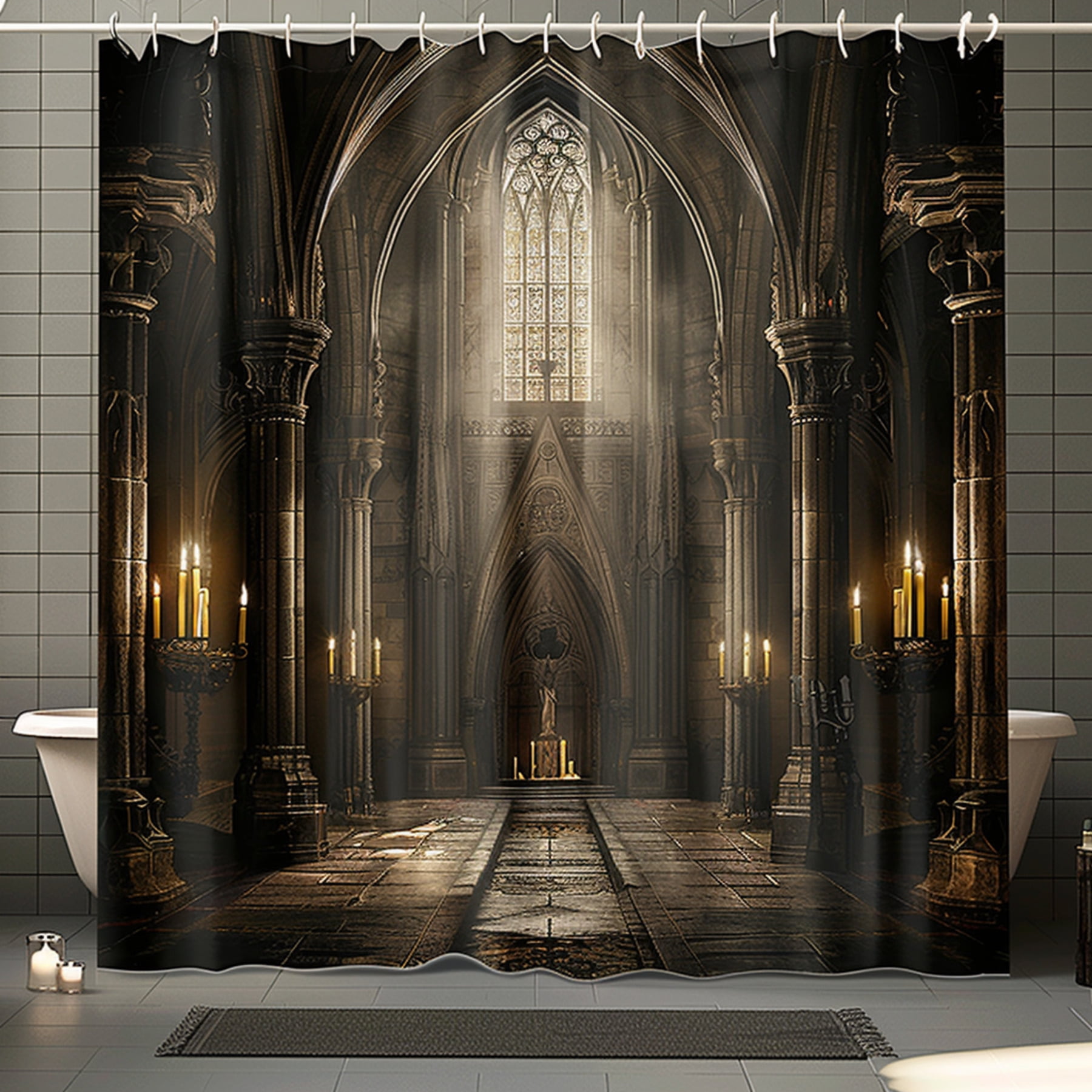 Gothic Cathedral Candlelit Shower Curtain Grungepunk Gothcore Design