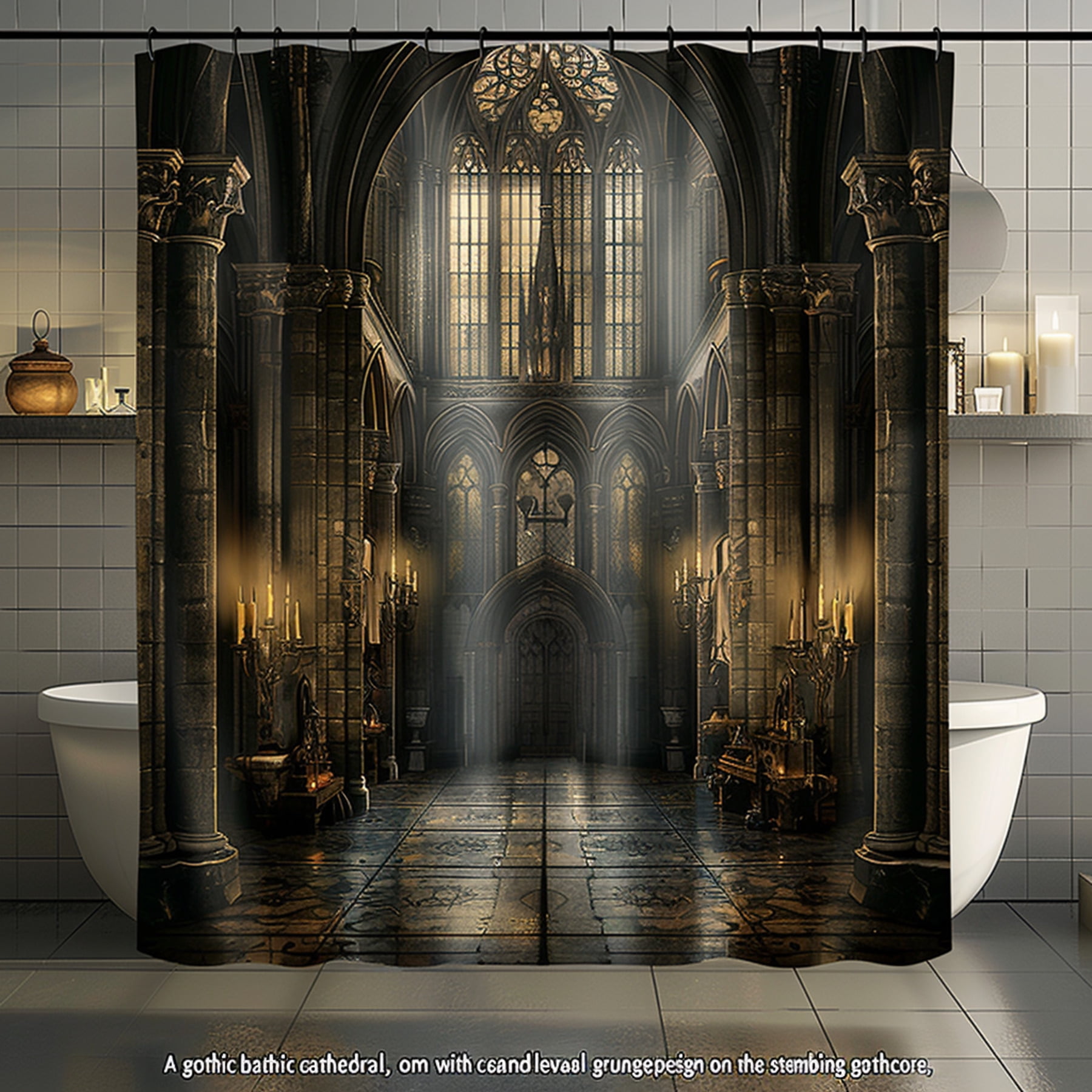Gothic Cathedral Candlelit Shower Curtain Medieval Grungepunk Design Gothcore Fabric Hyper ...