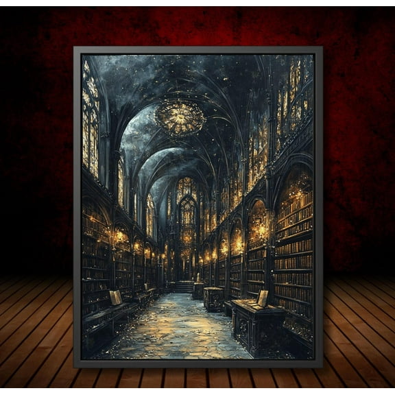 Gothic Cathedral Library Art Poster Bookshelves Golden Lamplight Dark Academia Decor Vintage Ethereal Moody Postered, Unframed Poster Size 8x12
