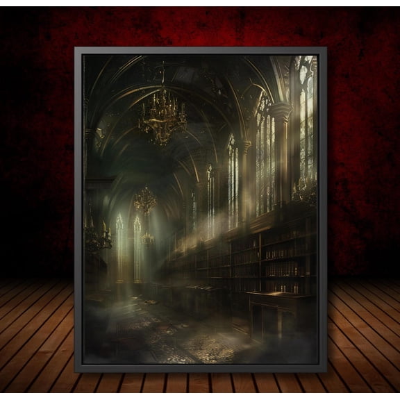 Gothic Cathedral Library Art Poster Bookshelves & Golden Light, Dark Academia Decor Vintage Haunted Scene Ethereal Moody Postered, Unframed Poster Size 24x36