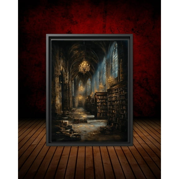 Gothic Cathedral Library Poster, Books On Floor, Medieval Church Wall Art, Arched Stone Architecture, Vaulted Ceilings, Atmospheric Decor, Unframed Poster Size 8x12