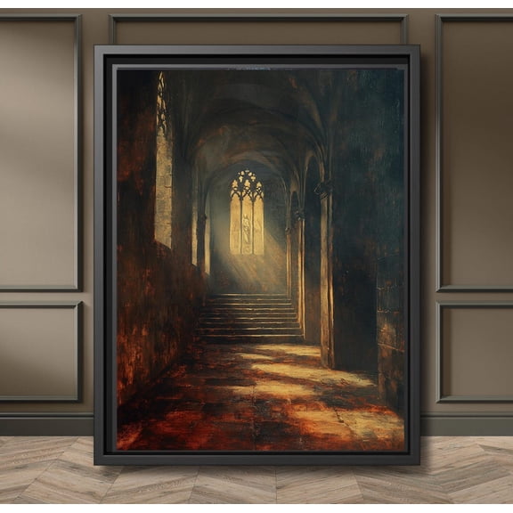 Gothic Cathedral Staircase Poster Medieval Hallway Wall Art, Arched Stone Architecture, Moody Light And Shadow, Atmospheric Gothic Decor, Unframed Poster Size 8x12