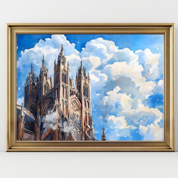 Gothic Cathedral Wall Art Print Watercolor Style Architecture Illustration European Cityscape Sky Decor Art