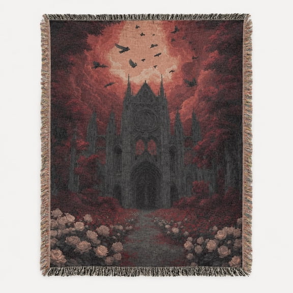 Gothic Cathedral Woven Cotton Throw Blanket, Dark Academia Roses Tapestry, Fringed Cozy Sofa Throw, Moody Home Decor Gift