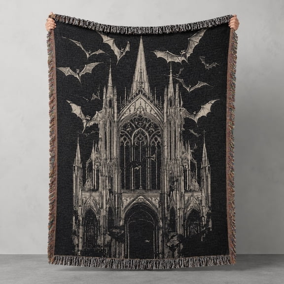 Gothic Cathedral Woven Throw Blanket – 100% Cotton, Bats Dark Art Design, Fringed Edges | 3 Sizes