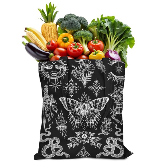Gothic Celestial Canvas Tote Bag – Black and Gold Moon & Star Print – Boho Astrology Steampunk Sun and Moon Eco Shopper for Mystical Art Lovers