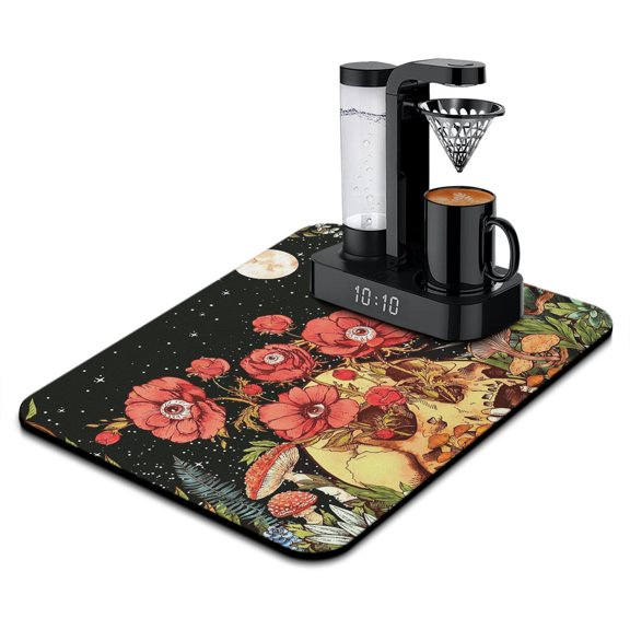 Gothic Celestial Coffee Bar Mat - Lunar and Sun Motifs Absorbent Mat - Multi-Functional Coffee Maker Mat - Steampunk Astrology Chart