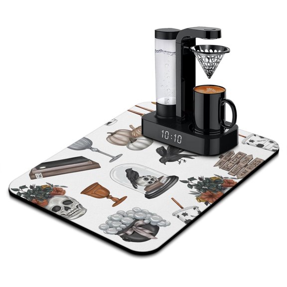 Gothic Celestial Coffee Station Mat - Lunar and Sun Motifs Absorbent Pad - Non-Slip Kitchen Counter Mat - Steampunk Astrology Chart Design