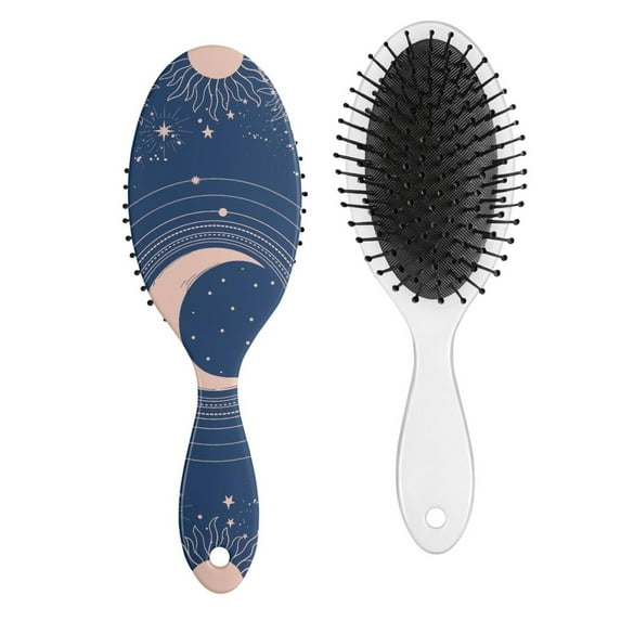 Gothic Celestial Hair Brush – Spiritual and Cosmic Detangler with Soft Bristles, Ethereal Moon and Sun Design, Wooden Handle Paddle Brush