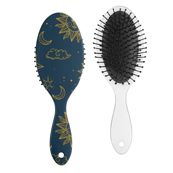 Gothic Celestial Hair Brush with Round-Tip Bristles - Gentle Detangler for All Hair Types, Sun & Moon Print, No-Pull Design