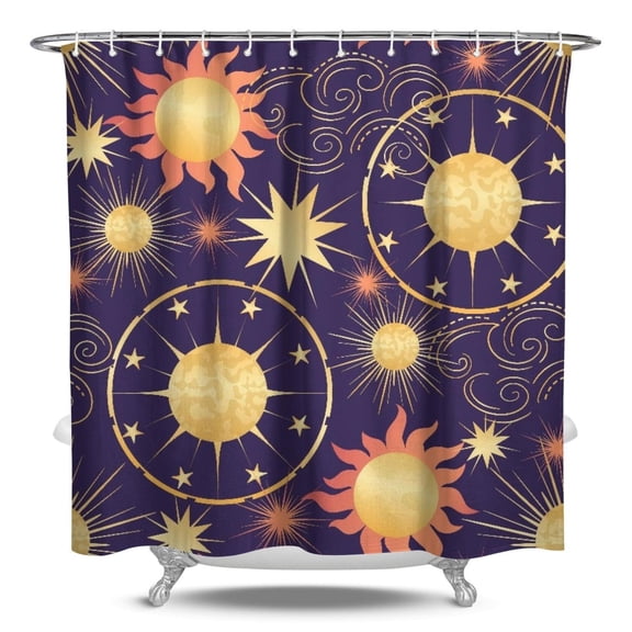 Gothic Celestial Shower Curtain with Astrology and Witchy Spiritual Print Artistic Cosmic Sun Moon and Star Patterns Waterproof Fabric Shower Curtain with Plastic Hooks Ideal for Rental Units and Home