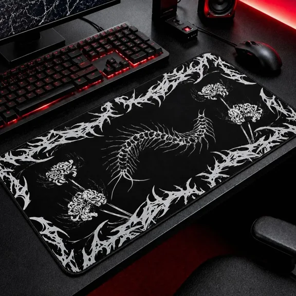 Gothic Centipede Mouse Pad, Large Gaming Desk Mat with Dark Floral and Horror Art Design