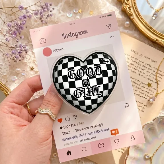 Gothic Checkered Heart Phone Grip Acrylic 2D Good Girl Letter Rock Horns Sign Expanding Socket Grunge Punk Smartphone Stand Holder Alt Gift