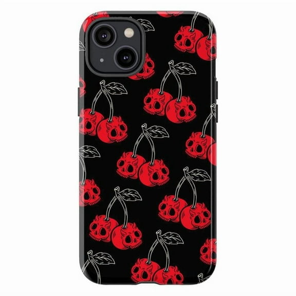 Gothic Cherry Skull iPhone Case, Red Skull Fruit Pattern on Black Background – Edgy Alt Aesthetic Protective Cover for iPhone 16 15 14 13 12 11 Pro Max Plus Mini
