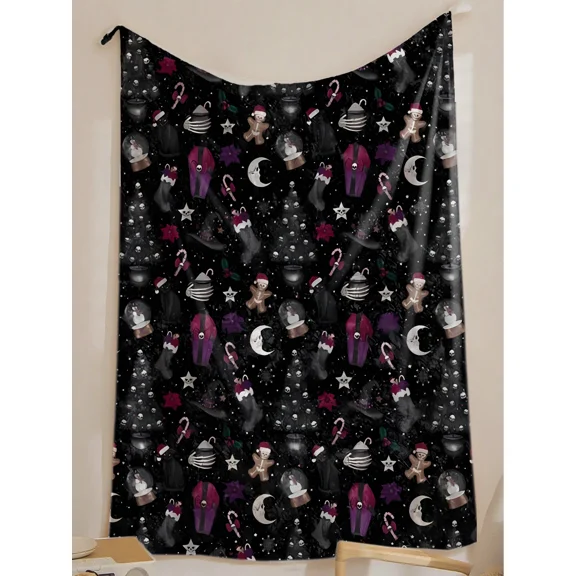 Gothic Christmas Flannel Fleece Blanket - Witch Hat, Candy Cane, Snow Globe, Moon & Star Pattern - Soft Warm Throw for Sofa Bed, Winter Holiday Decor in Black Purple Red