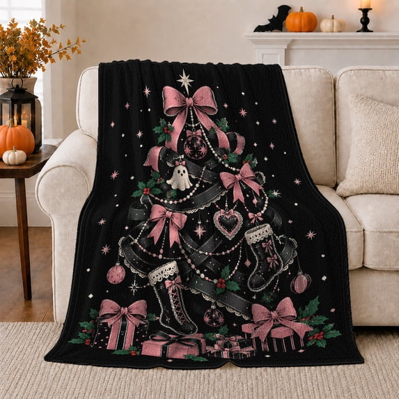 Gothic Christmas Tree with Pink Bows, Dark Kawaii Holiday Style for Fantasy Lovers, Ghost Ornament Scene, Warm Flannel Blanket for Living Room and Bedroom, Christmas Gift and Cozy Home Decor