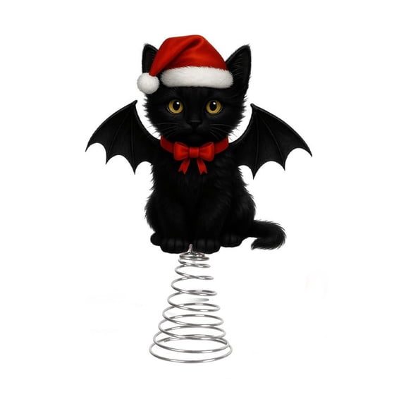 Gothic Christmas Tree Topper with Black Cat with Bat Wings, Santa Hat Detail, Unique Dark Holiday Decor for Xmas Tree, Perfect for Spooky Festive Charm