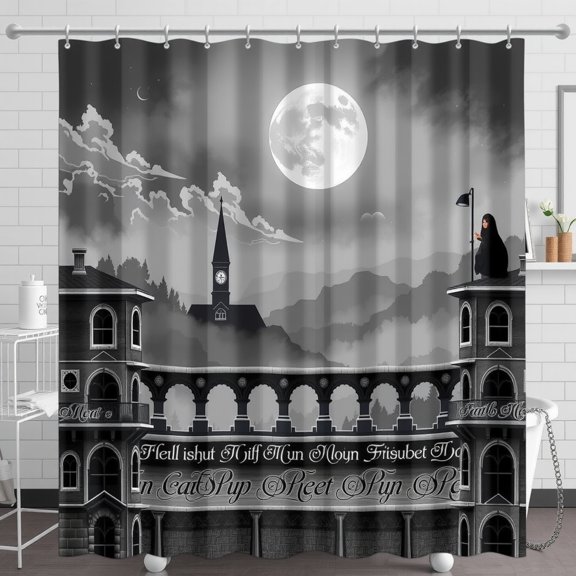 Gothic Cityscape Shower Curtain with Full Moon