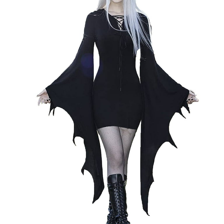 Gothic Clothes for Women Butterfly Long Sleeve Sexy Crisscross V-Neck Witch  Holiday Party Dress Y2k Style