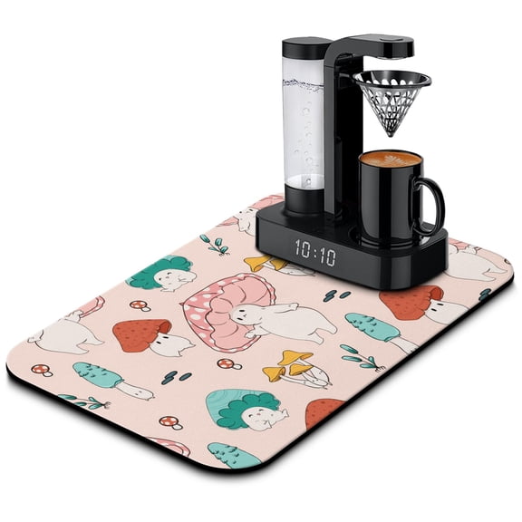 Gothic Coffee Maker Mat 4-Layer Absorbent Drying Mat, Witchy Mushroom Design, Slip-Resistant Base