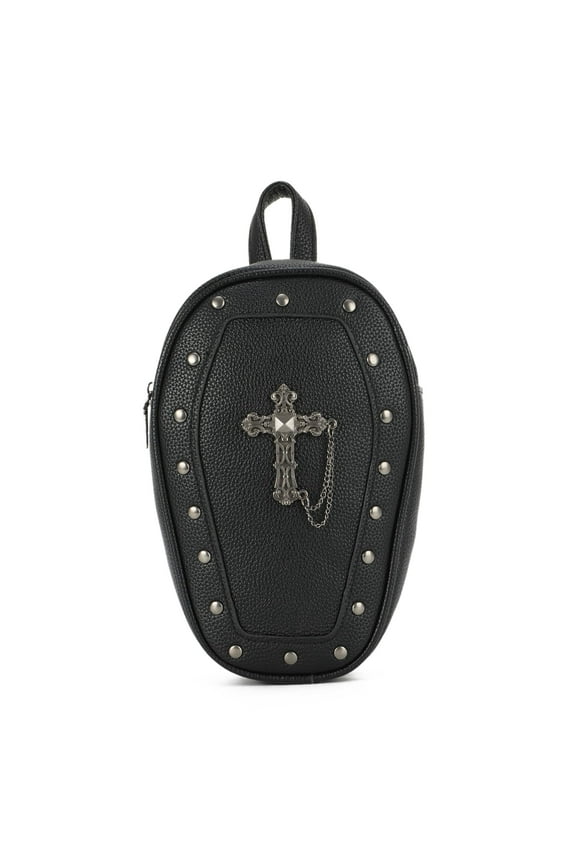 Gothic Coffin Backpack Purse for Women Mini Halloween Shoulder Bag Punk Rivet Crossbody Bag with Convertible Strap