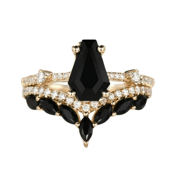 Gothic Coffin Cut Black Onyx Wedding Ring Set in 14k Rose Gold Finish - Vintage Engagement Ring Set - Gift For Wife