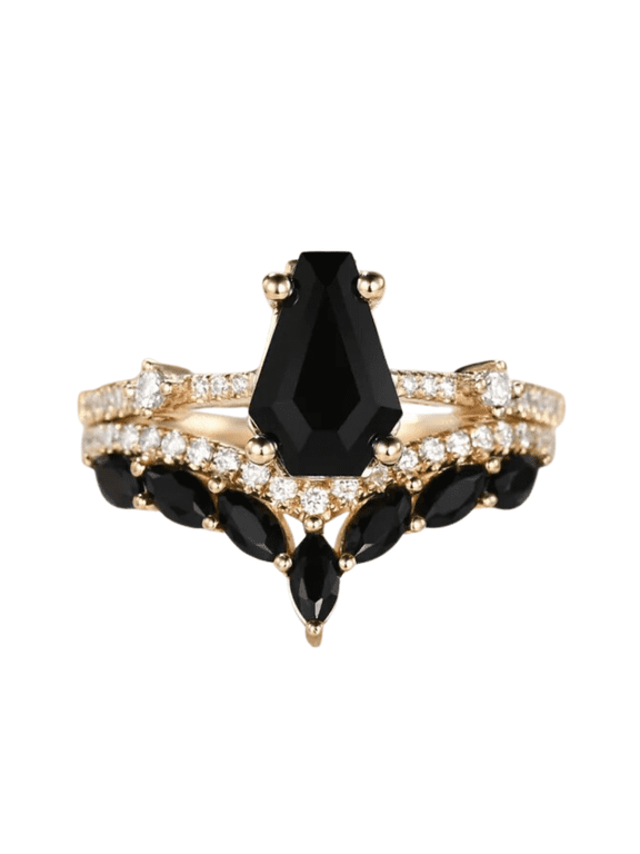 Gothic Coffin Cut Black Onyx Wedding Ring Set in 14k Rose Gold Finish - Vintage Engagement Ring Set - Gift For Wife