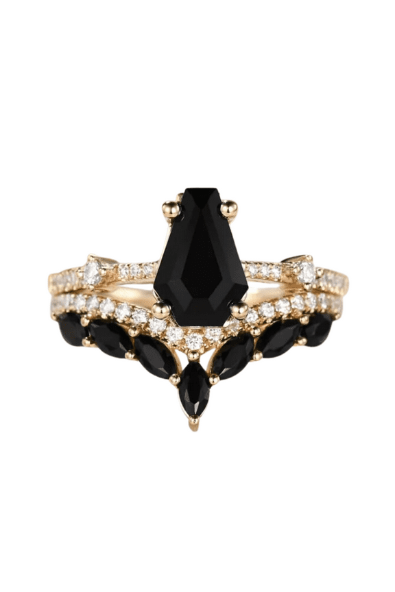 Gothic Coffin Cut Black Onyx Wedding Ring Set in 14k Rose Gold Finish - Vintage Engagement Ring Set - Gift For Wife