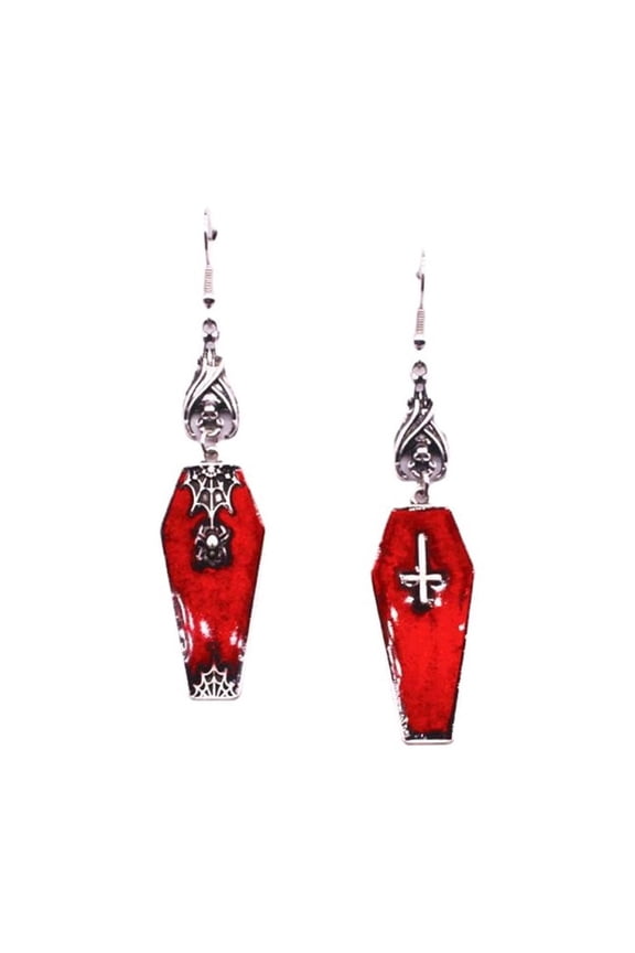 Gothic Coffin Earrings - Red Enamel Spiderweb Cross & Bat Drop Earrings for Women