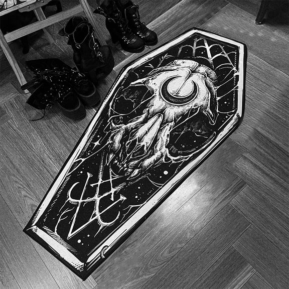 Gothic Coffin Shape Area Rug Dark Halloween Floor Mat for Living Room Bedroom Home Decor Spooky Carpet with Skull Bat Spider Pattern