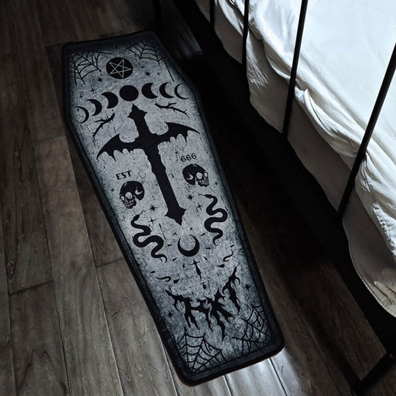 Gothic Coffin Shape Area Rug Dark Halloween Floor Mat for Living Room Bedroom Home Decor Spooky Carpet with Skull Bat Spider Pattern