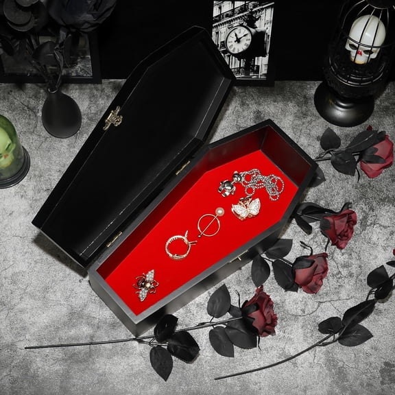 Gothic Coffin Storage Box Set 3 Pack - Spooky Dark Aesthetic Vanity Organizer, Wooden Makeup Jewelry Kit with Tray, Lipstick Holder & Jewelry Box