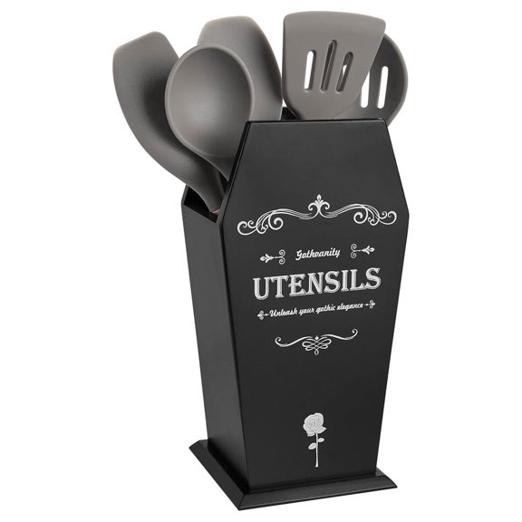 Gothic Coffin Utensil Holder - Large Wooden Kitchen Organizer Black Spooky Decor
