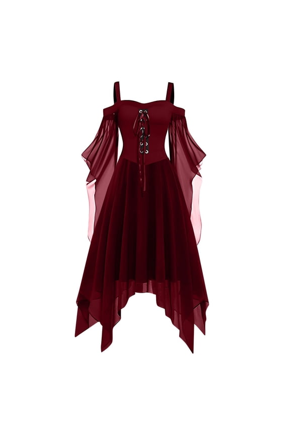 Gothic Cold Shoulder Midi Witch Dress, Sheer Flare Bell Sleeve Front Lace Up Corset Irregular Costume Dress, Adult Halloween Cosplay Night Club Dark Vintage Evening Party Outfit(Deep Red-2/XXL)