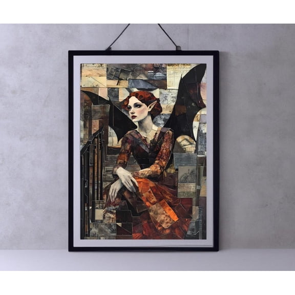 Gothic Collage Art Red-Haired Elven Woman With Wings Mixed Media Wall Decor Gift For Fantasy Art Lovers Wall Art