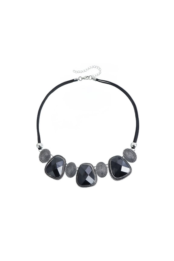 Gothic Cord Statement Necklace With Black Gemstones For Women