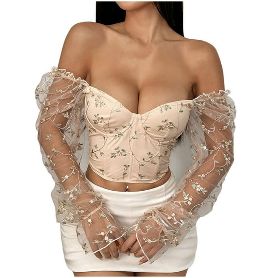 Gothic Corsets for Women, Women Fashion Tops with Embroidery Patchwork Mesh Low Cut Long Sleeved Tops New Bustier Tops for Women Plus Size Style B-73 Beige XL