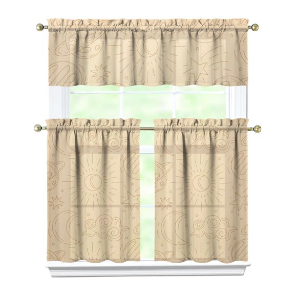 Gothic Cosmic Aesthetic Kitchen Curtains Set - 3 Piece Sun Moon Star Print Semi-Sheer Rod Pocket Window Treatments